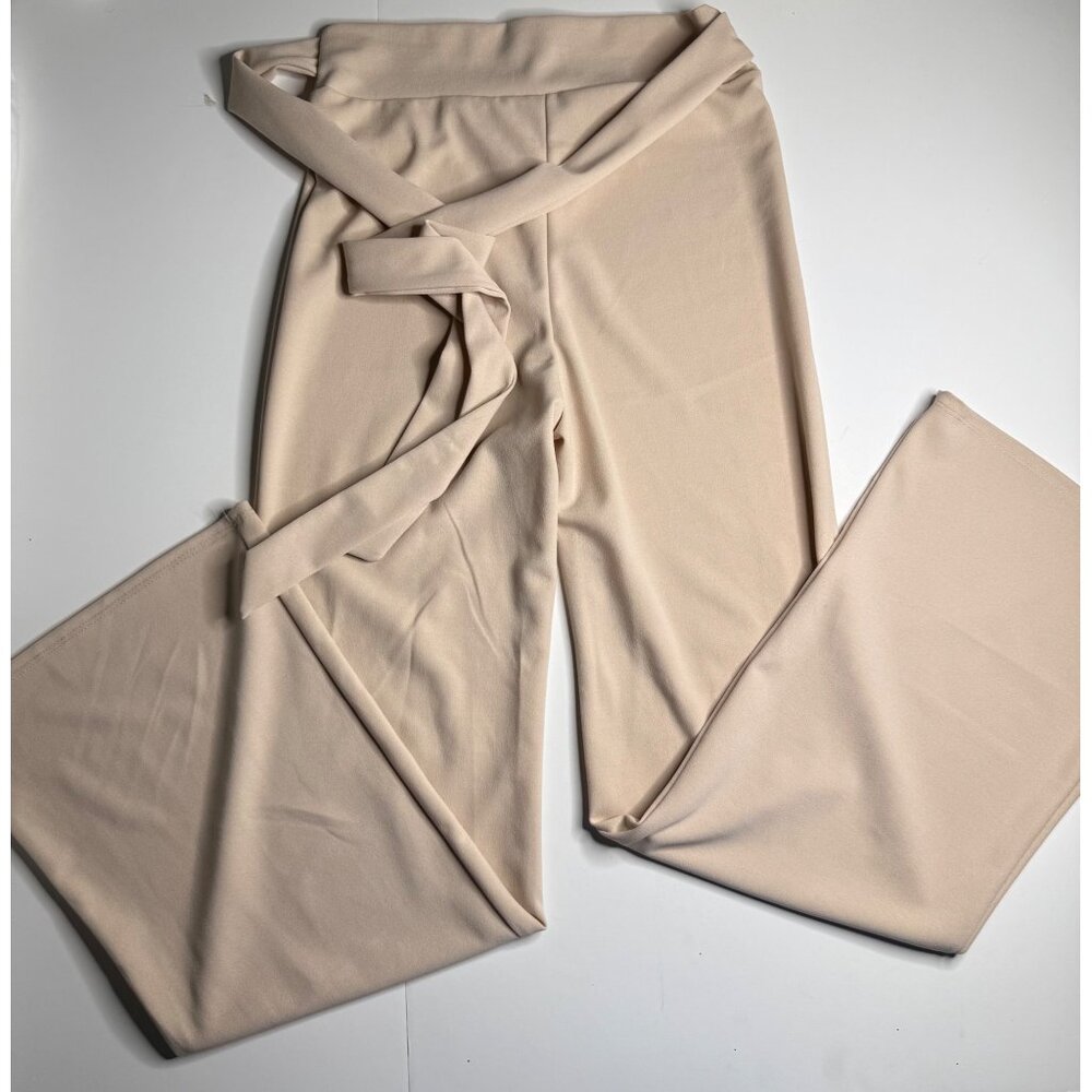 High-Waisted Beige Wide-Leg Pants With Tie Waist For Women